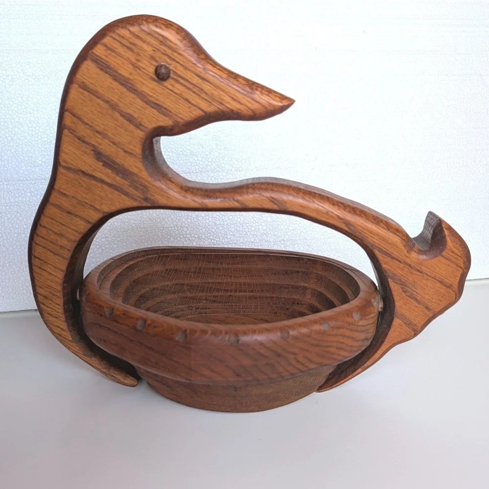 Vintage Oak Wood Collapsible Duck Basket Folding Bird Fruit Bowl Trivet Rustic